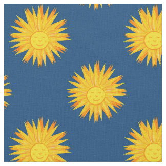 Glimlachende zon op blauw-modern hemelpatroon stof