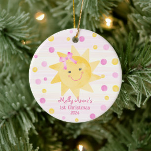 Glimlachende zonneschijn met Bow Girls 1st Christm Keramisch Ornament