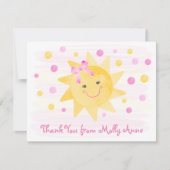 Glimlachende zonneschijn roze en gele stippen meis bedankkaart (Voorkant)