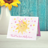 Glimlachende zonneschijn roze en gele stippen meis bedankkaart