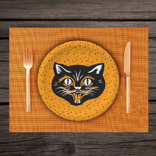 Glimlachende zwarte en Oranje Halloween Cat Face S Papieren Bordje