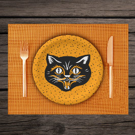 Glimlachende zwarte en Oranje Halloween Cat Face S Papieren Bordje