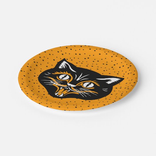 Glimlachende zwarte en Oranje Halloween Cat Face S Papieren Bordje (Gekanteld)