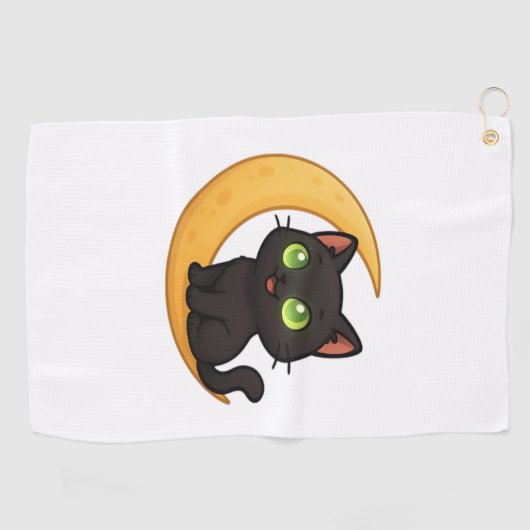 Glimlachende zwarte kat met gloeiende groene ogen  golfhanddoek (Horizontaal)
