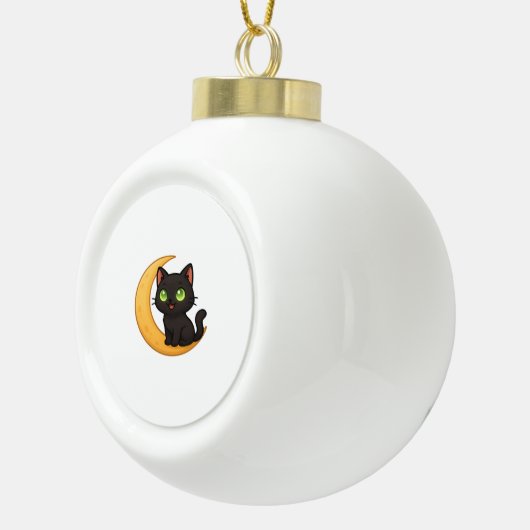 Glimlachende zwarte kat met gloeiende groene ogen  keramische bal ornament (Rechts)