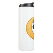 Glimlachende zwarte kat met gloeiende groene ogen thermosbeker (Gedraaid links)