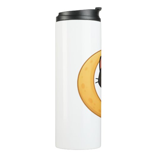 Glimlachende zwarte kat met gloeiende groene ogen thermosbeker (Gedraaid links)