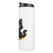 Glimlachende zwarte kat met gloeiende groene ogen thermosbeker (Geroteerd rechts)