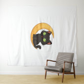 Glimlachende zwarte kat met gloeiende groene ogen wandkleed (In Situ (horizontaal))