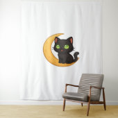 Glimlachende zwarte kat met gloeiende groene ogen wandkleed (In situ)