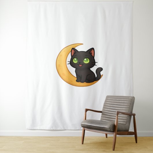 Glimlachende zwarte kat met gloeiende groene ogen wandkleed (In situ)