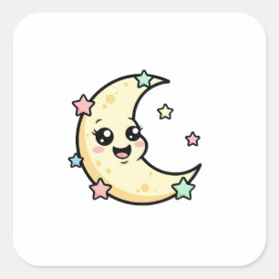 Glimlachte Maan – Schattige Kawaii Illustratie Vierkante Sticker