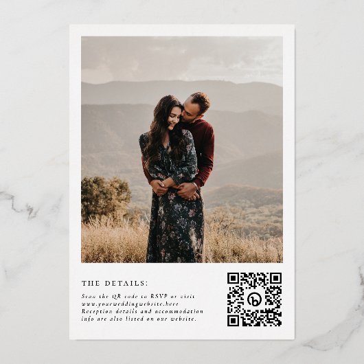Glimmend alles in één QR-code Elegant 2 foto bruil Folie Uitnodiging (Achterkant)