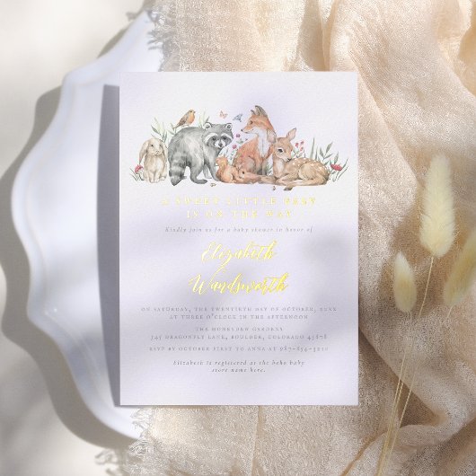 Glimmend bosbeboste dieren Baby shower Folie Uitnodiging