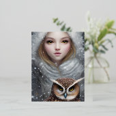 Glimmend glad glas look meisje en uil folie feestdagen briefkaart (Staand Voorkant)