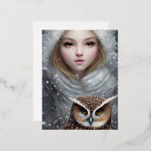 Glimmend glad glas look meisje en uil folie feestdagen briefkaart (Voorkant / Achterkant)