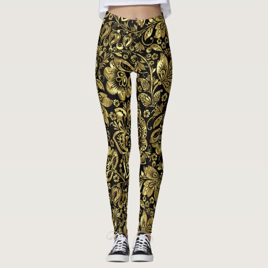 Glimmend goud op zwart bloemendamast patroon leggings (Voorkant)