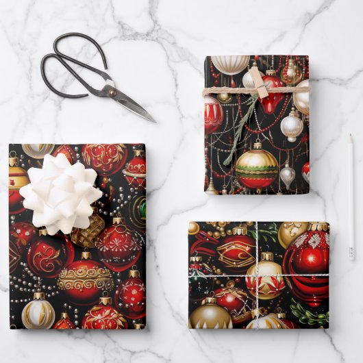 Glimmend kerstballen trio inpakpapier vel (Voorkant)