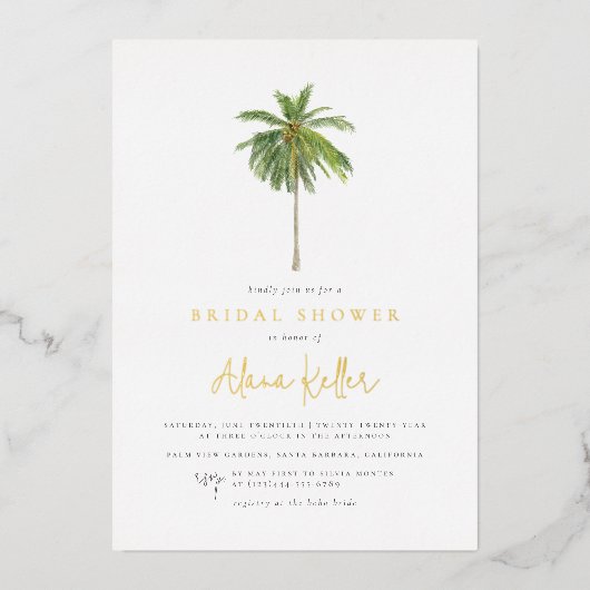 Glimmend minimaal palmboom tropisch Vrijgezellenfe Folie Uitnodiging (Voorkant)