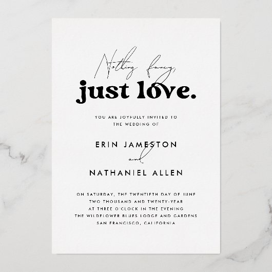 Glimmend Niets Fancy Gewoon Liefde Retro Bruiloft Folie Uitnodiging (Achterkant)