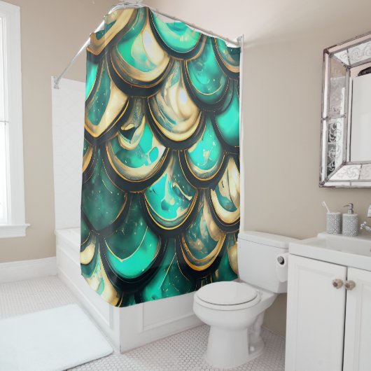 "Glimmende Blauwgroen & gouden zeemeerminschaal" Douchegordijn (In situ)