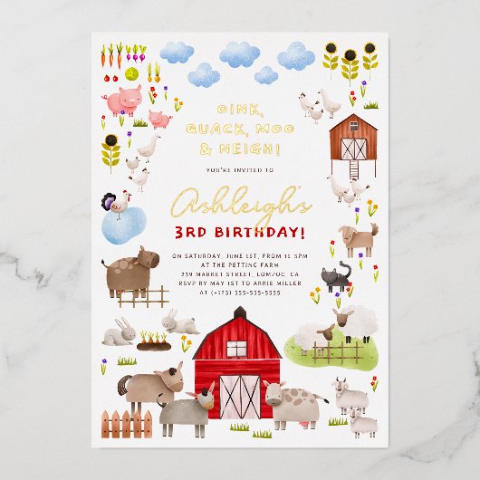 Glimmende boerderijdieren Barnyard verjaardagsfees Folie Uitnodiging (Voorkant)