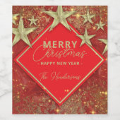 Glimmende Gouden Sterren en Lichten Rode Glitter K Wijn Etiket (Enkel label)