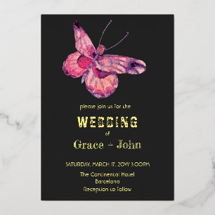 Glimmende roze vlinder folie uitnodiging