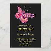 Glimmende roze vlinder folie uitnodiging (Voorkant)