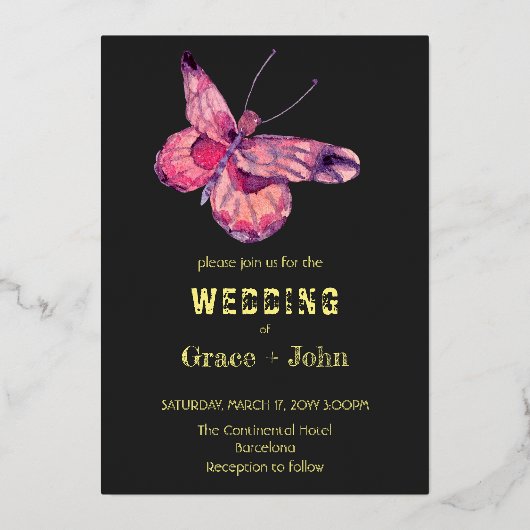 Glimmende roze vlinder folie uitnodiging (Voorkant)