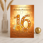 Glimmering Amber Edelsteen Golden Roos Sweet 16 Kaart<br><div class="desc">Vier een mijlpaal met deze lichtgevende Sweet 16-uitnodiging, een oogverblindend ontwerp dat meteen betovert. De "16" is de ster, zorgvuldig vervaardigd uit een mozaïek van glinsterende amberkleurige edelstenen en klassieke parels. Een prachtig gouden roos met delicate, glinsterende bladeren bloeit aan de basis, het toevoegen van een verfijnde touch. De warme,...</div>