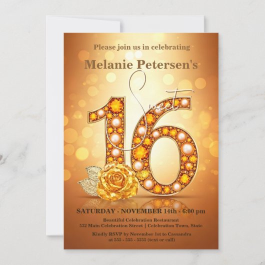 Glimmering Amber Edelsteen Golden Roos Sweet 16 Kaart (Voorkant)