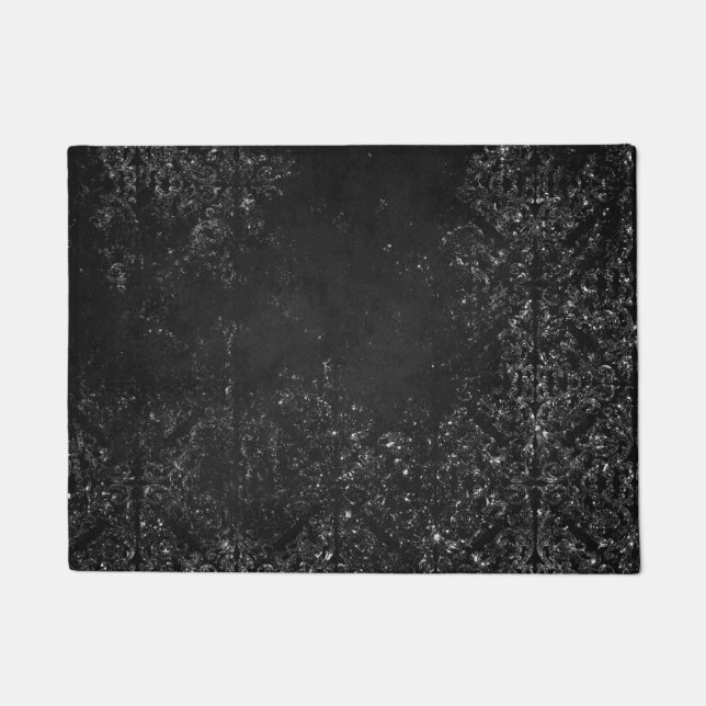 Glimmery Onyx Grunge | Silvery Black Glam Damask Deurmat (Voorkant)
