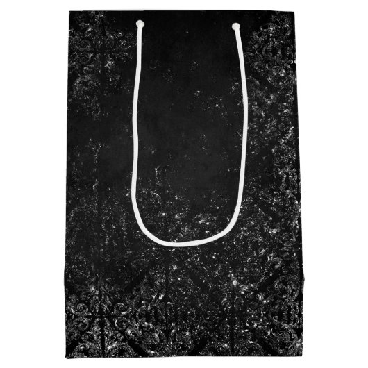 Glimmery Onyx Grunge | Silvery Black Glam Damask Medium Cadeauzakje (Achterkant)