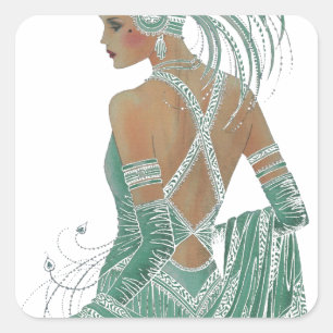 Glimpse of Elegance: Groene Rugloze Jurk Design Vierkante Sticker