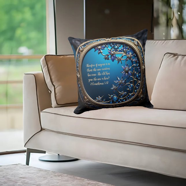 Glinsterend blauw met goud  Bijbelvers Kussen (Creator heeft geüpload)