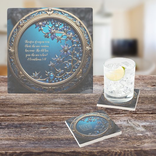 Glinsterend blauw met goud  Bijbelvers Stenen Onderzetter