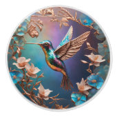 Glinsterend blauw met koperen kolibrie keramische knop (Voorkant)
