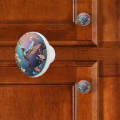 Glinsterend blauw met koperen kolibrie keramische knop