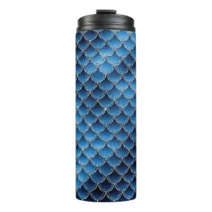 Glinsterend marineblauw zeemeermin schubpatroon thermosbeker