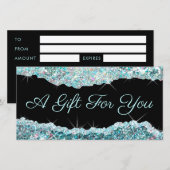 glinsterend turquoise glitterschenkingcertificaat (Voorkant / Achterkant)