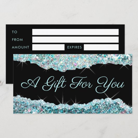 glinsterend turquoise glitterschenkingcertificaat (Voorkant / Achterkant)