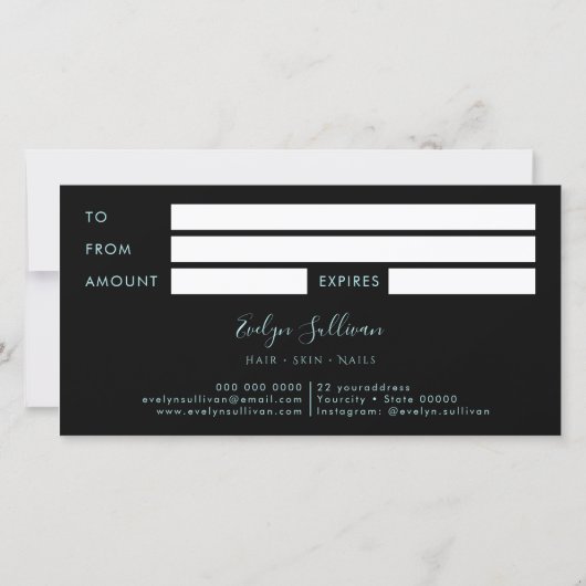 glinsterend turquoise glitterschenkingcertificaat (Achterkant)