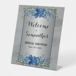 Glinsterend Zilver: Blauw Bloemen Vrijgezellenfees Reclamebord Met Voetstuk