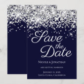 Glinsterend Zilver Glitter Marine Elegante Calligr Save The Date (Voorkant / Achterkant)