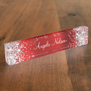 Glinsterend Zilver Glitter Robijn Rood Folie Naambordje