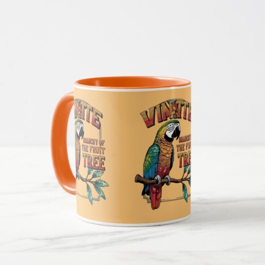 Glinsterende baars: levendige papegaai op fruitboo mok (Voorkant links)