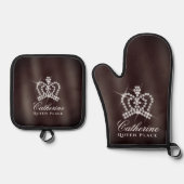 Glinsterende Crown Brown Ovenwant & Pannenlap Set (Voorkant)