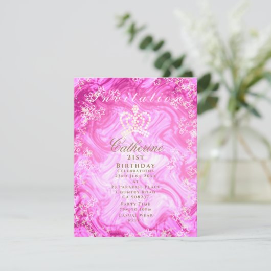 Glinsterende Crown Gradient Roze Uitnodiging (Staand voorkant)
