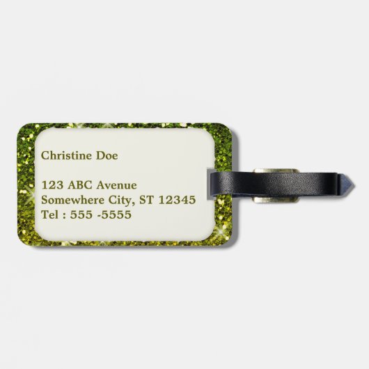 Glinsterende donkergroene gouden glitters bagagelabel (Achterkant horizontaal)